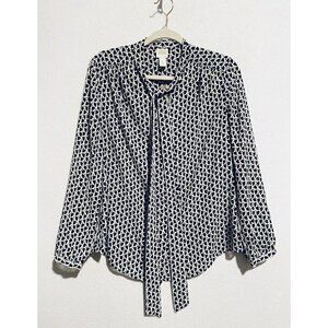 Chicos Top Womens Medium 8 White Black Geometric Bow Semi Sheer Long Sleeve